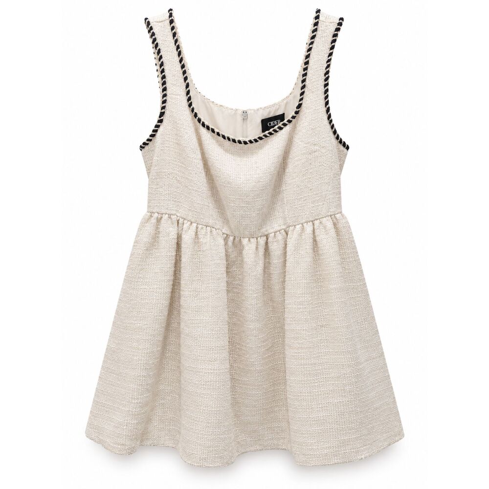 CIDER Women's Cream Tweed Mini Dress Sleeveless Black Trim Babydoll Size 3XL